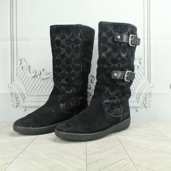 Coach Tinah Monogram Black Suede Lined Buckle Mid Calf Boots Size 7.5 B - Picture 2 of 9